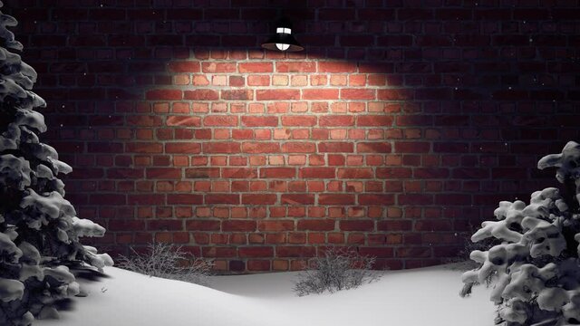 Christmas background
brick wall the lantern is shining and it is snowing.