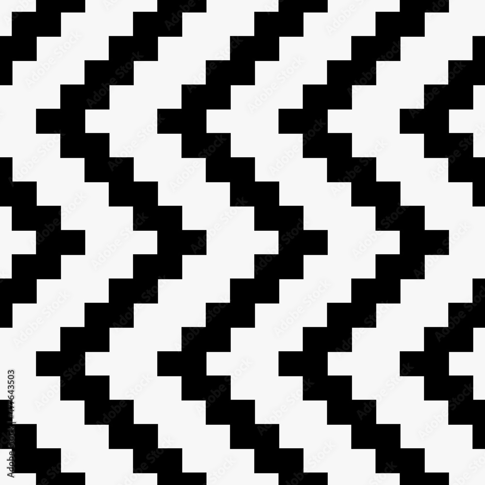 Poster Pixelated zig zag of black diagonal lines. Vector with a repeating string.