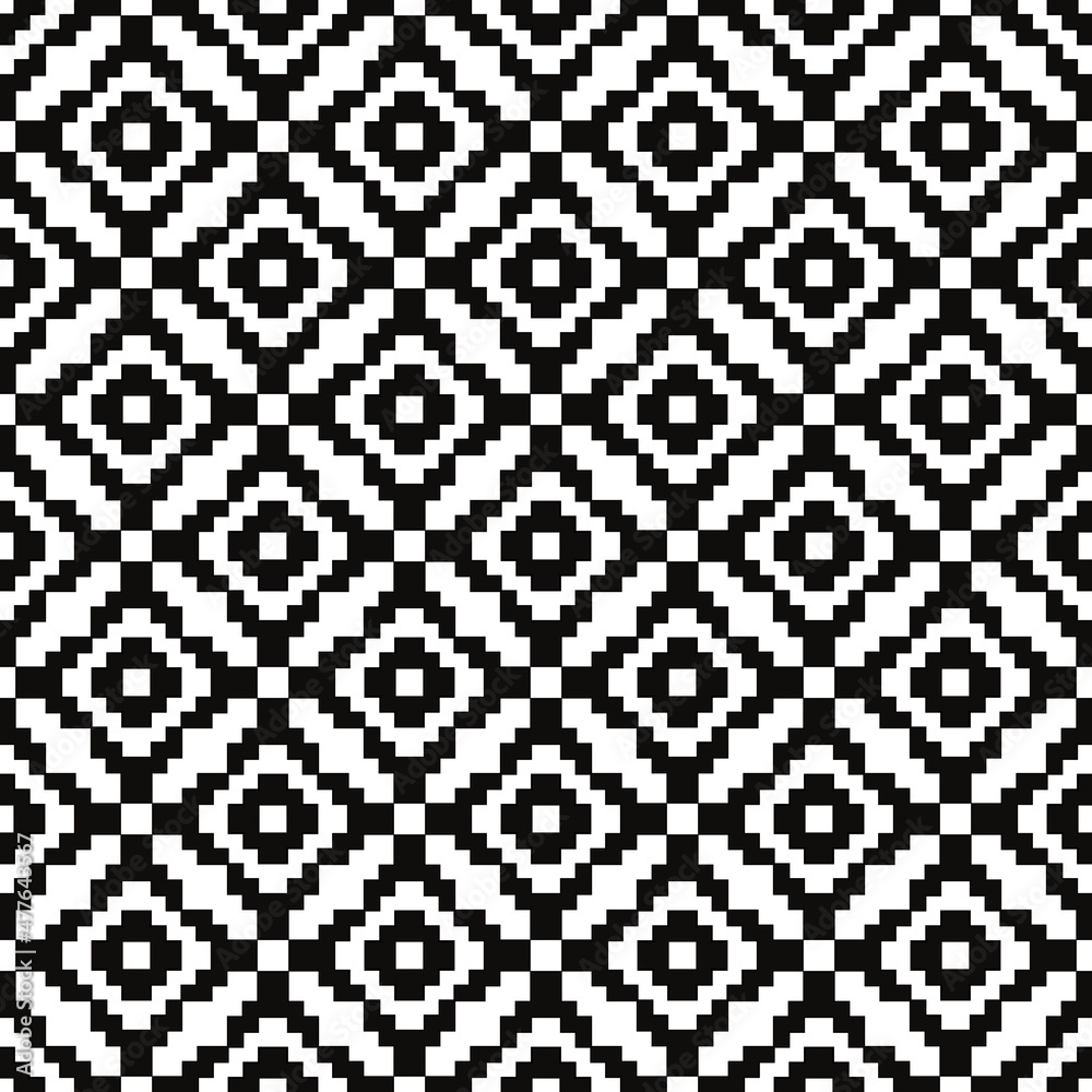 Poster pixelated black rhombuses. vector primitive diamond textures. seamless pixels squares.