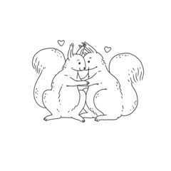 couple loving squirrels with hearts. Cartoon black white outline sketch illustration of cute animal character.