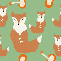 Seamless stylized foxes, mushrooms. Hand drawn.