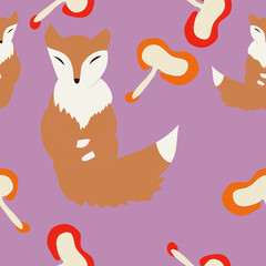 Seamless stylized foxes, mushrooms. Hand drawn.