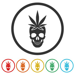 Human skull with marijuana leaf icon isolated on white background, color set