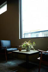 Bouquet and tea on the table