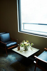 Bouquet and tea on the table