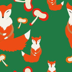 Seamless stylized foxes, mushrooms. Hand drawn.