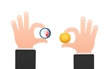 Time is money on scales icon. Money and time balance on scale. Vector stock illustration.