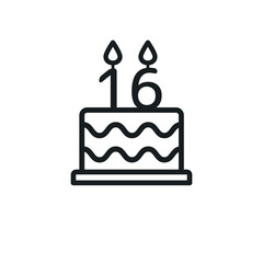Birthday cake lined icon with candle number 16. Vector.