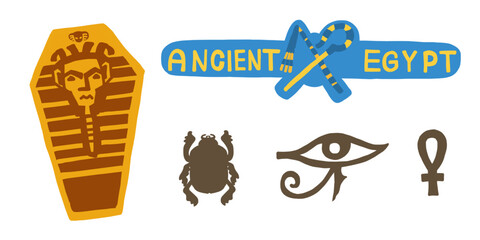 Elements of Ancient Egypt. Logo. Pharaoh's sarcophagus. Scarab beetle. Anh. Egyptian eye (Ouadget)