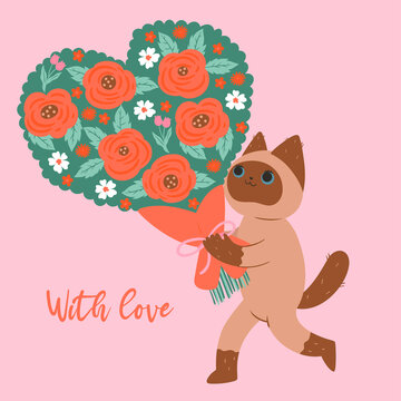 Postcard with a cat carrying a bouquet of flowers. Vector graphics.