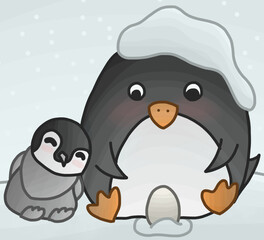 Penguins on ice. Cute penguins are watching egg