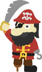 Cartoon pirate. Captain with a hook and a sword. A one-legged bearded pirate.