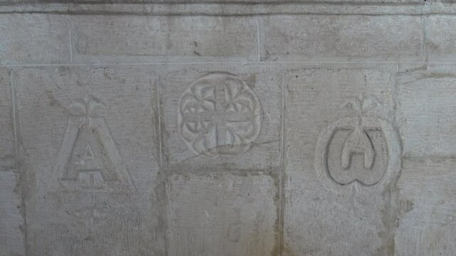 Antakya, Turkey - 14th of June 2021: 4K Symbols engraved on the altar in the cave church of Saint Peter
