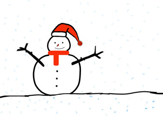 Snowman in red hat with snowflakes 