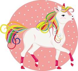 White unicorn vector illustration. Cute pony face with rainbow hair