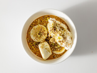 Top view of cheese pancakes or syrniki in gravy