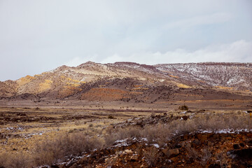 Mountain with snow covered of desert rocks in winter New Mexico