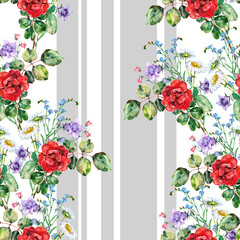 Set of meadow flowers on white striped background. Floral seamless pattern.