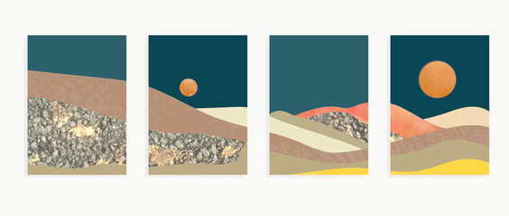 mountain landscape  with moon, wall art earth tones landscapes vector backgrounds set 