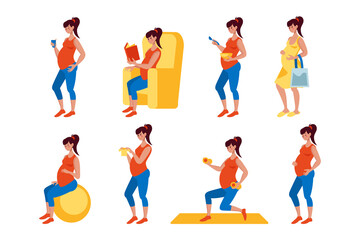 Daily life of pregnant cartoon woman vector illustrations set. Happy female character eating, doing exercises, future mom sitting and reading on white background. Pregnancy, motherhood concept