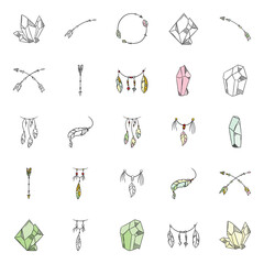 Best Collection Of Hand Drawn Vintage Elements in Boho Style With Crystal, Quartz, Flowers, Plants, Magic Symbol. Perfect for Websites, Advertisements, Banners, Posters, Billboards, Templates, Logos.