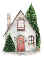 New Year's winter watercolor cottage with trees