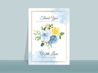 Wedding invitation card with beautiful blue and yellow flowers