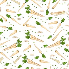 Seamless background of root parsley. Whole, half, and sliced parsley. Parsley with leaves. Organic and healthy, vegetarian vegetables. Vector illustration in cartoon style. Seamless pattern