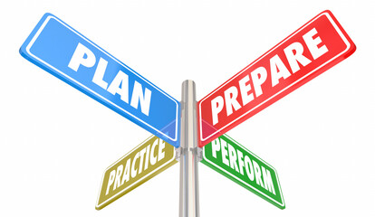 Plan Prepare Practice Perform Signs Get Ready to Succeed 3d Illustration