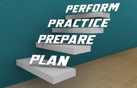 Plan Prepare Practice Perform Steps to Success Words Process 3d Illustration
