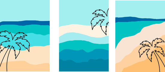 Fototapeta na wymiar Collection of minimalistic simple abstractions in beach and sea (ocean) style with palm sketch