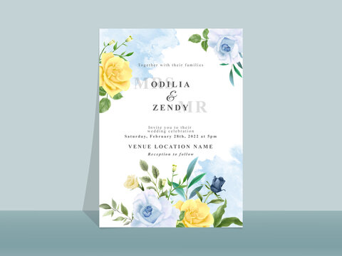 Wedding Invitation Card With Beautiful Blue And Yellow Flowers