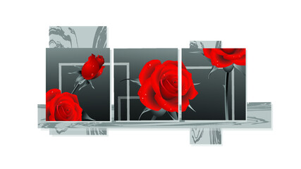 Red roses triptych modular paintings. Vector illustration for interior design, other. 