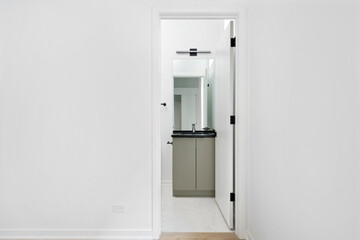 View into Modern White Bathroom with Green Vanity Negative Space