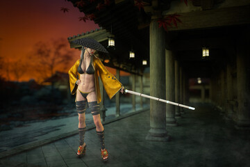 Beautiful female asian warrior practicing martial arts in the evening outside a temple. 3D illustration with shallow depth of field.