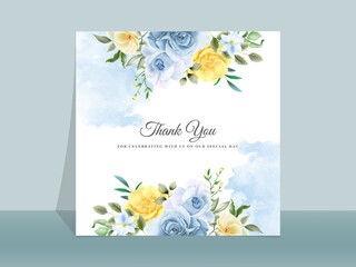 Wedding invitation card with beautiful blue and yellow flowers
