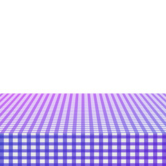 Purple corner tablecloth on white wood table. Vector stock illustration.