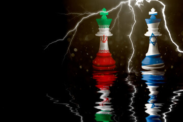 Iran and israel flags paint over on chess king. 3D illustration iran vs israel.