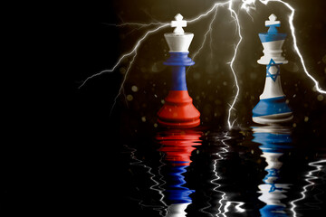 russia and israel flags paint over on chess king. 3D illustration russia vs israel.