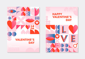 Set of Valentines Day greeting banners templates.Romantic vector layouts in bauhaus style with geometric elements and symbols.Modern trendy designs for banners,invitations,prints,promo offers.
