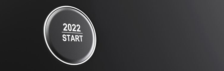 Start 2022. Happy New Year button. 3D illustration