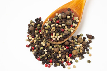 Mix of peppers on a white background. Peppers mix isolated. Peppercorns