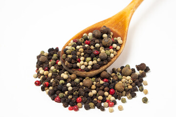 Mix of peppers on a white background. Peppers mix isolated. Peppercorns