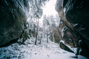 rocky valley in winter