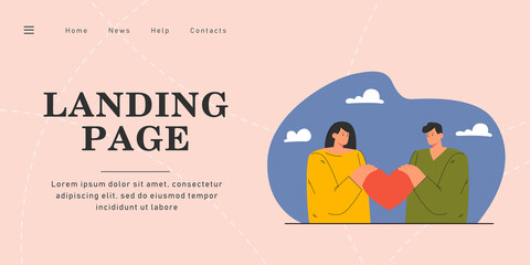Cartoon man and woman holding one heart together. Flat vector illustration. Metaphor of two young people falling in love. Family, love, relationship concept for banner design or landing page