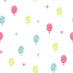 Bright seamless pattern with ballons and stars. Vector illustration.