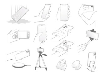 Hand holding smartphone. accessories illustration.