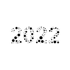 A large 2022 year symbol in the center made in pointillism style. The center symbol is filled with black circles of various sizes. Vector illustration on white background