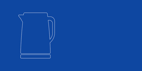 A large white outline kettle symbol on the left. Designed as thin white lines. Vector illustration on blue background