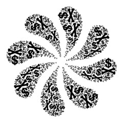 Dead dollar icon rotation burst turbine salute shape. Turbine cyclone composed using random dead dollar symbols.